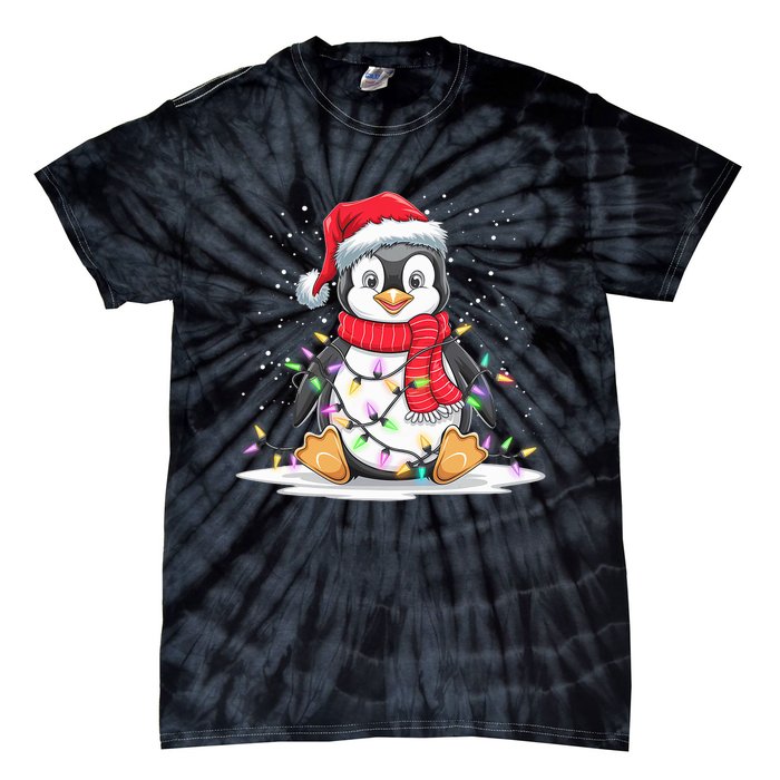 Funny Xmas Matching Santa Hat Penguin Christmas Tree Lights Tie-Dye T-Shirt