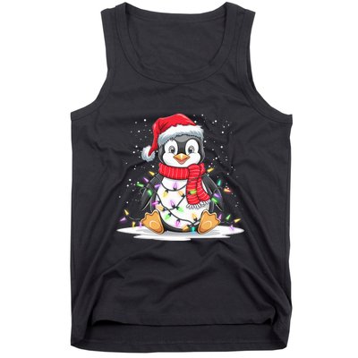 Funny Xmas Matching Santa Hat Penguin Christmas Tree Lights Tank Top