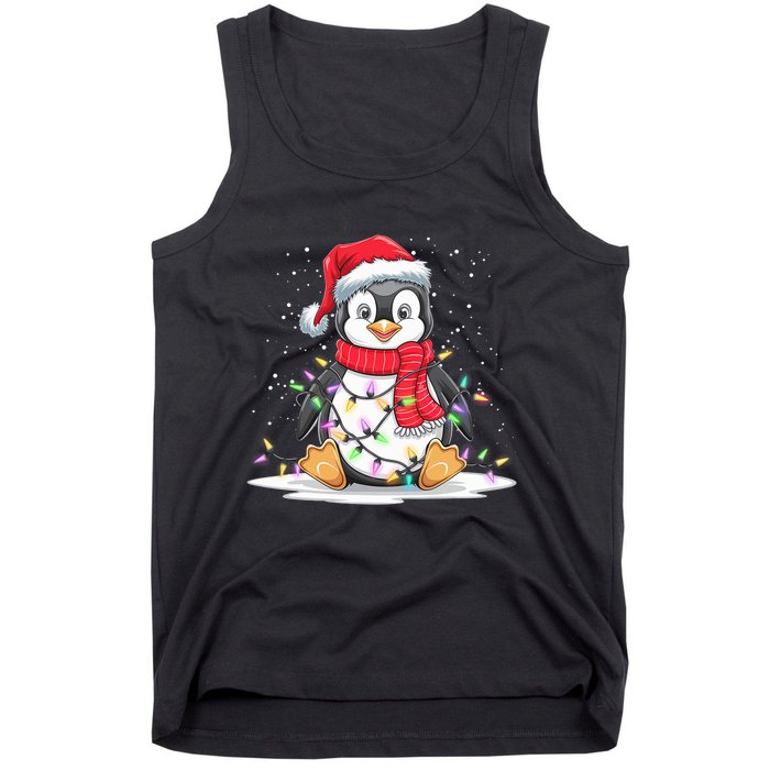 Funny Xmas Matching Santa Hat Penguin Christmas Tree Lights Tank Top