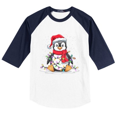 Funny Xmas Matching Santa Hat Penguin Christmas Tree Lights Baseball Sleeve Shirt