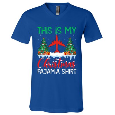 Flying Xmas Pajama Gift Aviation Airplane Pilot Christmas Gift V-Neck T-Shirt