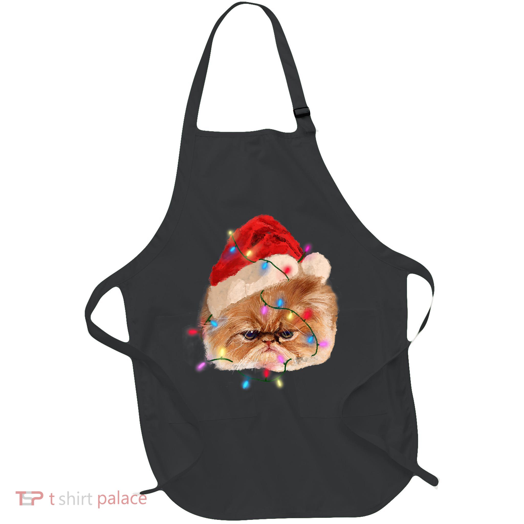 Funny Xmas Persian Cat Christmas Lights Adorable Face Fluffy TShirt Full-Length Apron With Pockets