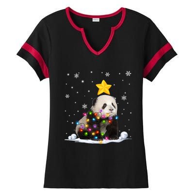 Funny Xmas Panda Bear Animals Lover Christmas Tree Lights Gift Ladies Halftime Notch Neck Tee