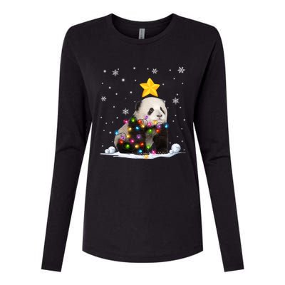 Funny Xmas Panda Bear Animals Lover Christmas Tree Lights Gift Womens Cotton Relaxed Long Sleeve T-Shirt