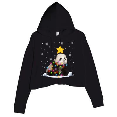 Funny Xmas Panda Bear Animals Lover Christmas Tree Lights Gift Crop Fleece Hoodie