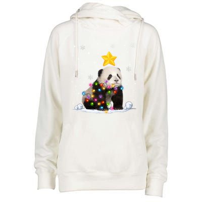 Funny Xmas Panda Bear Animals Lover Christmas Tree Lights Gift Womens Funnel Neck Pullover Hood