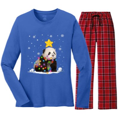 Funny Xmas Panda Bear Animals Lover Christmas Tree Lights Gift Women's Long Sleeve Flannel Pajama Set 