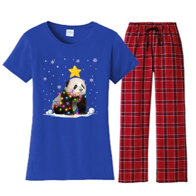 Funny Xmas Panda Bear Animals Lover Christmas Tree Lights Gift Women's Flannel Pajama Set