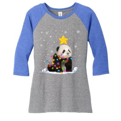 Funny Xmas Panda Bear Animals Lover Christmas Tree Lights Gift Women's Tri-Blend 3/4-Sleeve Raglan Shirt