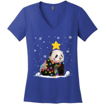 Funny Xmas Panda Bear Animals Lover Christmas Tree Lights Gift Women's V-Neck T-Shirt