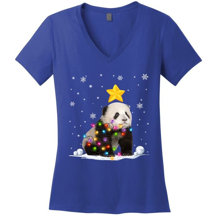 Funny Xmas Panda Bear Animals Lover Christmas Tree Lights Gift Women's V-Neck T-Shirt