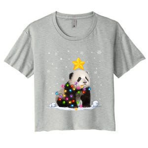 Funny Xmas Panda Bear Animals Lover Christmas Tree Lights Gift Women's Crop Top Tee