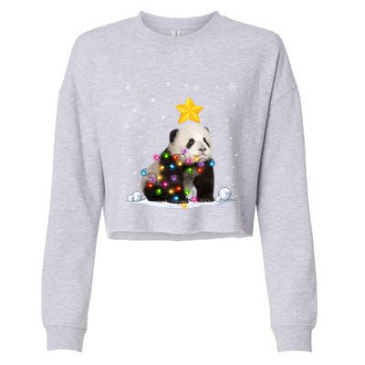 Funny Xmas Panda Bear Animals Lover Christmas Tree Lights Gift Cropped Pullover Crew