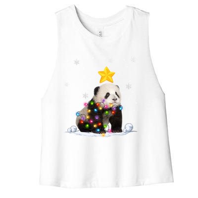 Funny Xmas Panda Bear Animals Lover Christmas Tree Lights Gift Women's Racerback Cropped Tank