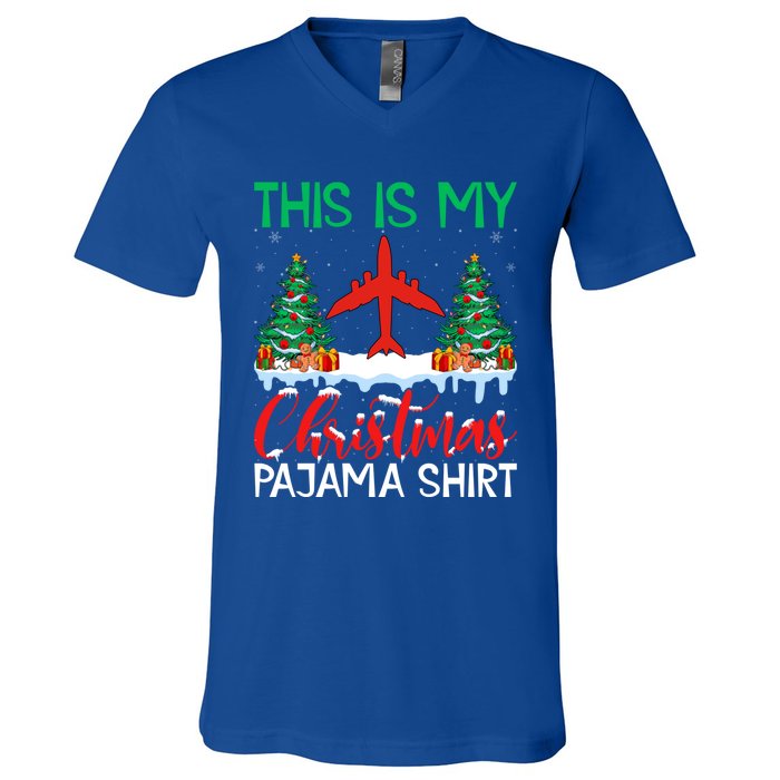 Flying Xmas Pajama Cute Gift Aviation Airplane Pilot Christmas Gift V-Neck T-Shirt