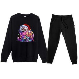 Funny Xmas Persian Cat Christmas Lights Santa Xmas Birthday Premium Crewneck Sweatsuit Set