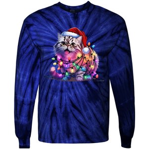 Funny Xmas Persian Cat Christmas Lights Santa Xmas Birthday Tie-Dye Long Sleeve Shirt