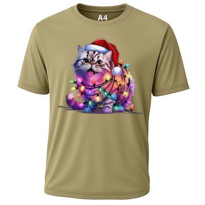 Funny Xmas Persian Cat Christmas Lights Santa Xmas Birthday Cooling Performance Crew T-Shirt