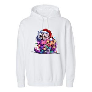 Funny Xmas Persian Cat Christmas Lights Santa Xmas Birthday Garment-Dyed Fleece Hoodie