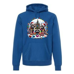 Funny Xmas Raccoons Christmas Tree Lights Santa Claus Hats Funny Gift Premium Hoodie