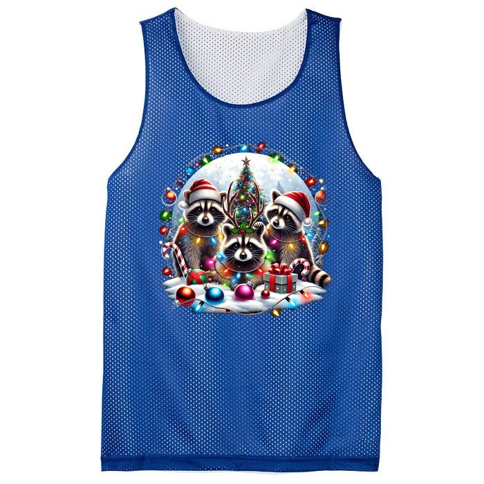 Funny Xmas Raccoons Christmas Tree Lights Santa Claus Hats Funny Gift Mesh Reversible Basketball Jersey Tank