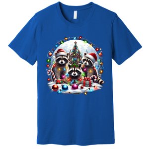 Funny Xmas Raccoons Christmas Tree Lights Santa Claus Hats Funny Gift Premium T-Shirt