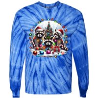 Funny Xmas Raccoons Christmas Tree Lights Santa Claus Hats Funny Gift Tie-Dye Long Sleeve Shirt