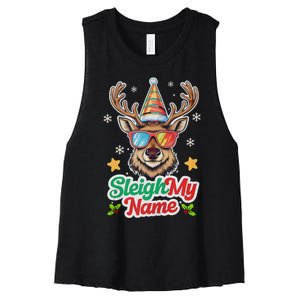 Funny Xmas Reindeer Santa Sleigh My Name Humor Christmas Tank Top Women's Racerback Cropped Tank