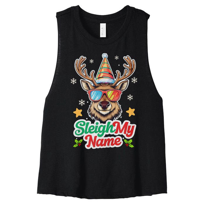 Funny Xmas Reindeer Santa Sleigh My Name Humor Christmas Tank Top Women's Racerback Cropped Tank