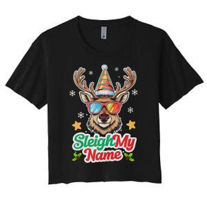 Funny Xmas Reindeer Santa Sleigh My Name Humor Christmas Tank Top Women's Crop Top Tee