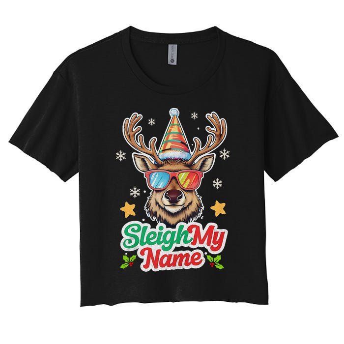 Funny Xmas Reindeer Santa Sleigh My Name Humor Christmas Tank Top Women's Crop Top Tee