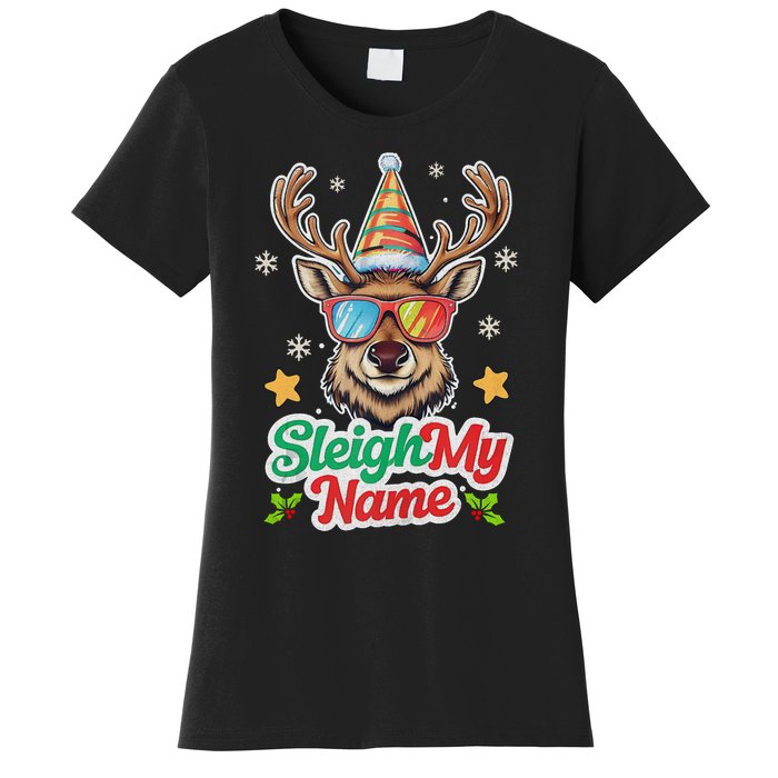 Funny Xmas Reindeer Santa Sleigh My Name Humor Christmas Tank Top Women's T-Shirt