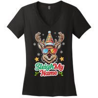 Funny Xmas Reindeer Santa Sleigh My Name Humor Christmas Tank Top Women's V-Neck T-Shirt