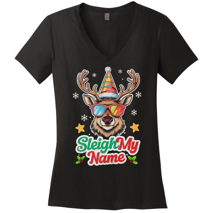 Funny Xmas Reindeer Santa Sleigh My Name Humor Christmas Tank Top Women's V-Neck T-Shirt