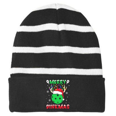 Funny Xmas Reindeer Santa Merry Pickleball Christmas  Striped Beanie with Solid Band