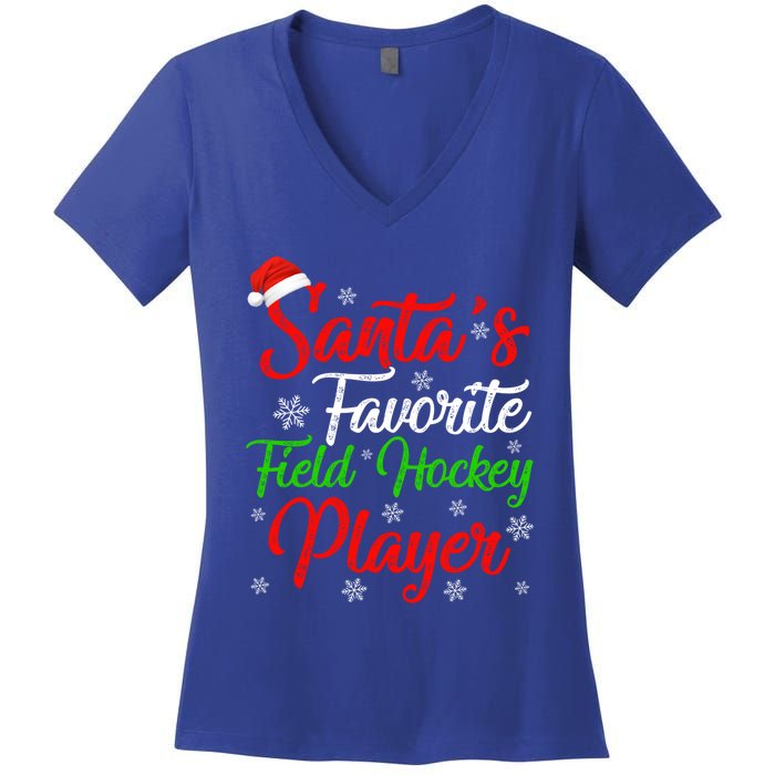 Funny Xmas Santas Favorite Field Hockey Player Christmas Funny Gift Women's V-Neck T-Shirt