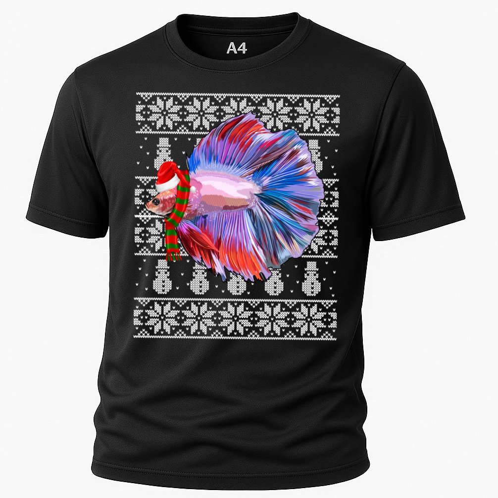 Fish Xmas Santa Hat Betta Fish Ugly Christmas Gift Cooling Performance Crew T-Shirt