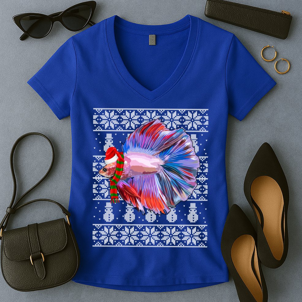 Fish Xmas Santa Hat Betta Fish Ugly Christmas Gift Women's V-Neck T-Shirt