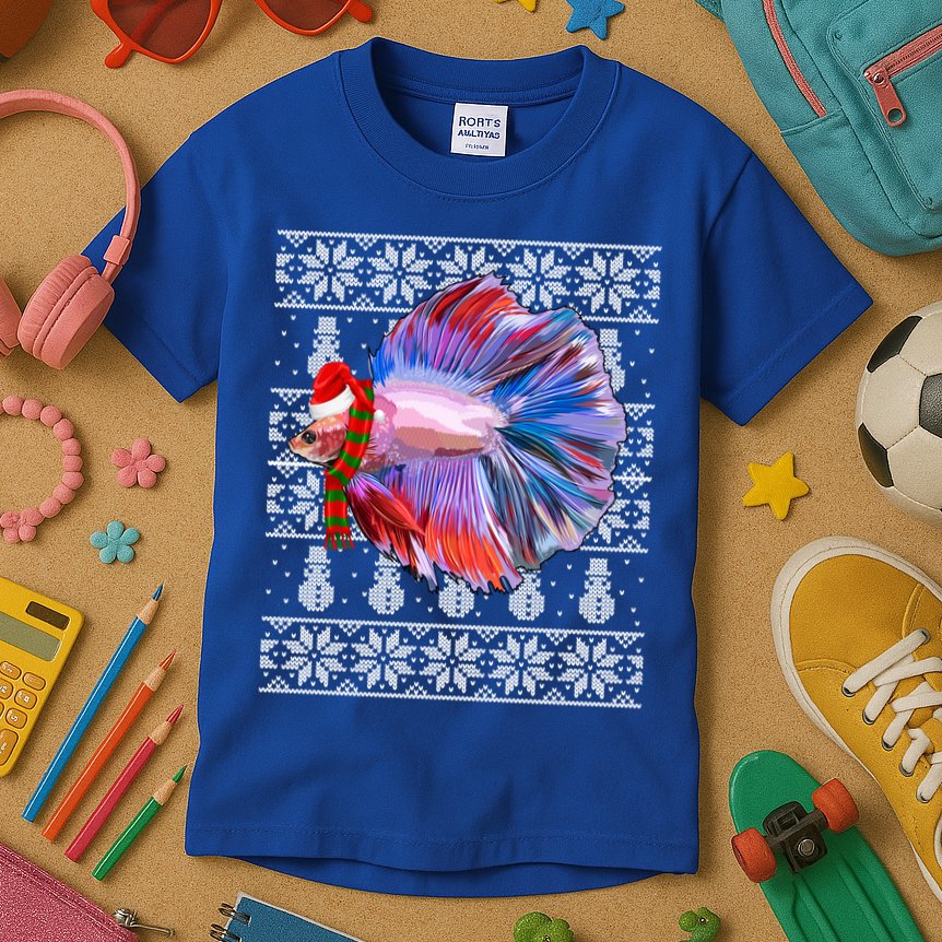 Fish Xmas Santa Hat Betta Fish Ugly Christmas Gift Kids T-Shirt