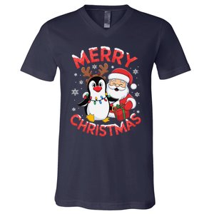 Festive Xmas Santa On Marry Christmas Emperor Penguin V-Neck T-Shirt