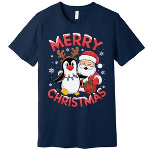 Festive Xmas Santa On Marry Christmas Emperor Penguin Premium T-Shirt