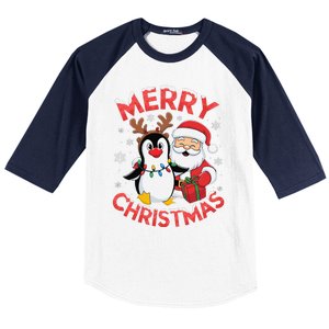 Festive Xmas Santa On Marry Christmas Emperor Penguin Baseball Sleeve Shirt