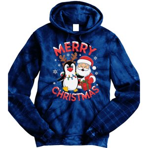 Festive Xmas Santa On Marry Christmas Emperor Penguin Tie Dye Hoodie