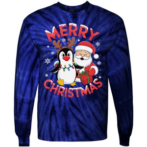 Festive Xmas Santa On Marry Christmas Emperor Penguin Tie-Dye Long Sleeve Shirt