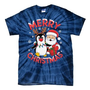 Festive Xmas Santa On Marry Christmas Emperor Penguin Tie-Dye T-Shirt