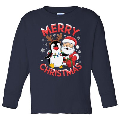 Festive Xmas Santa On Marry Christmas Emperor Penguin Toddler Long Sleeve Shirt