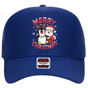 Festive Xmas Santa On Marry Christmas Emperor Penguin High Crown Mesh Back Trucker Hat