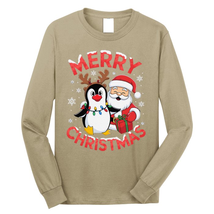 Festive Xmas Santa On Marry Christmas Emperor Penguin Long Sleeve Shirt