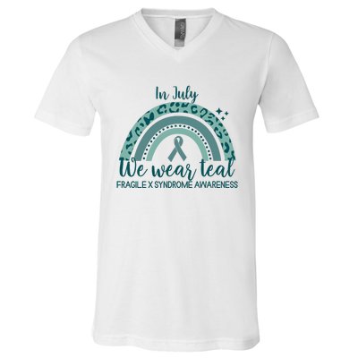 Fragile X Syndrome Awareness In July We Wear Teal V-Neck T-Shirt