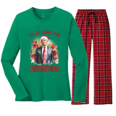 Funny Xmas Santa Claus Ill Be Home For Christmas 2024 Gift Women's Long Sleeve Flannel Pajama Set 